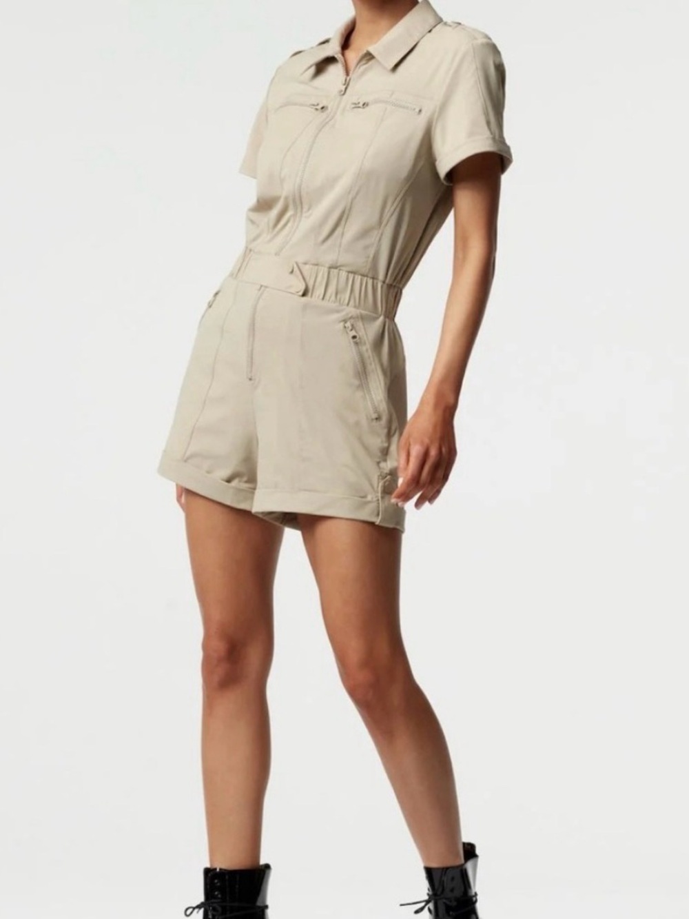 blanc noir Beige Utility Short Romper